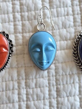 Two Blue & Coral Face Pendant Drop Earrings - Unbranded